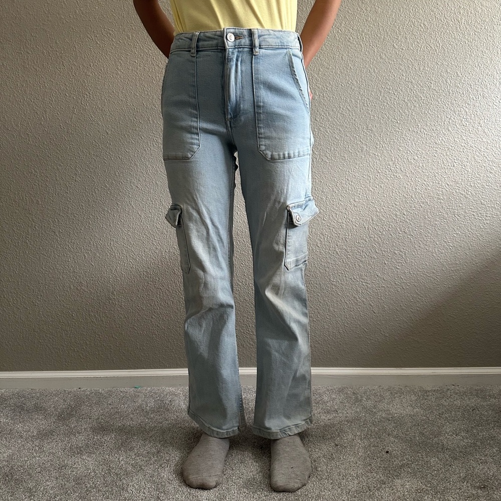 Zara Blue Straight Leg Jeans with Distressed Details